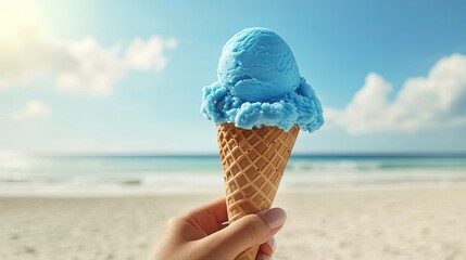 A hand holding an ice cream cone with a scoop of bright blue bubblegum flavor, set against a sunny beach background.