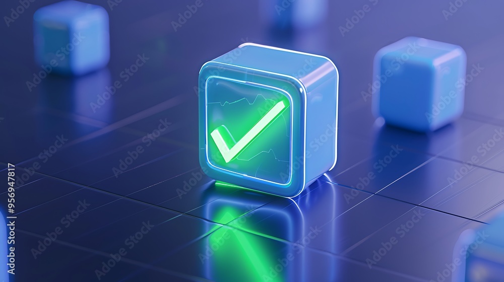 Poster digital block with a green checkmark icon glowing on a dark grid surface, representing confirmation 