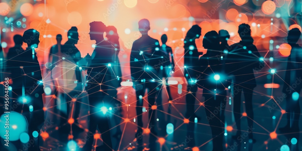 Leinwandbilder a group of people with a superimposed network grid, representing social networks and connectivity