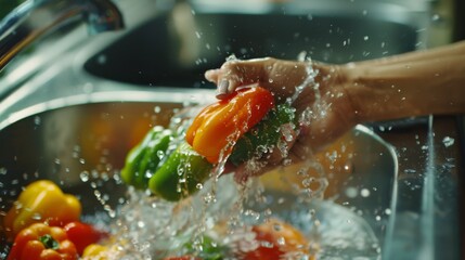 Fresh bell peppers being rinsed under running water, with splashing droplets capturing the essence of freshness and cleanliness.