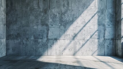 A concrete room bathed in natural light, with shadows from a window creating a pattern on the walls and floor.