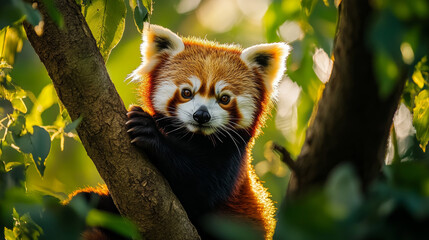Red Panda Climbing a Tree in the Forest