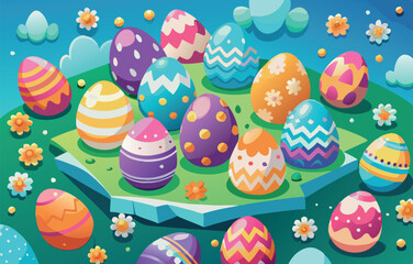 Colorful easter eggs lying on green grass with paper