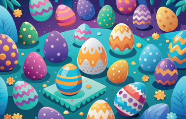 Colorful easter eggs lying on green grass with paper