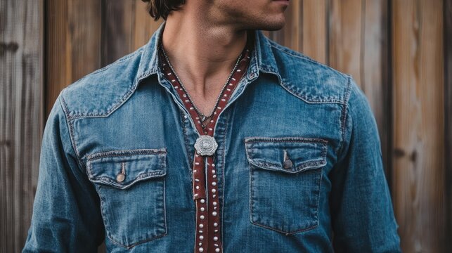 A man wearing a bolo tie and a denim shirt with pearl snap buttons, standing in front of a barn door.