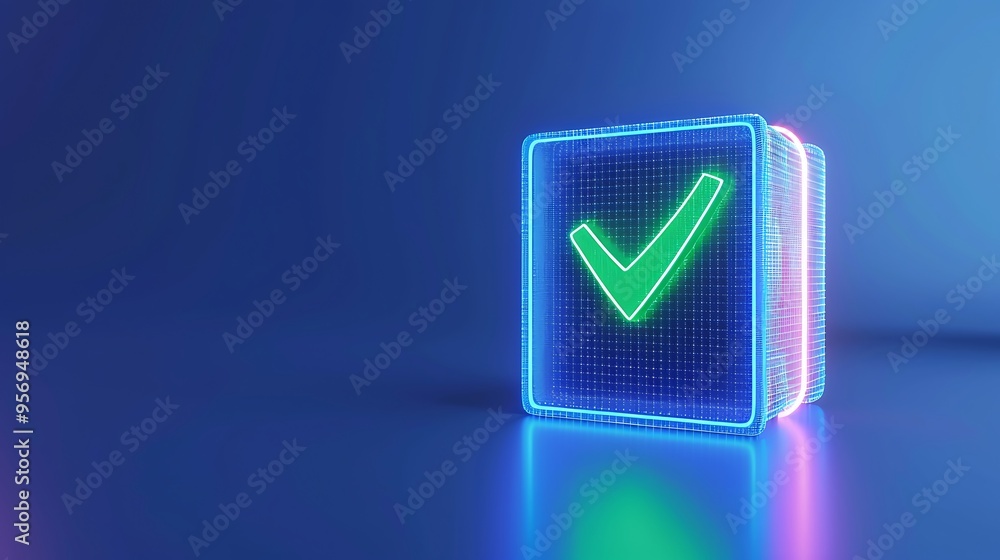 Poster digital check mark icon in neon against a blue backdrop representing confirmation or approval. perfe