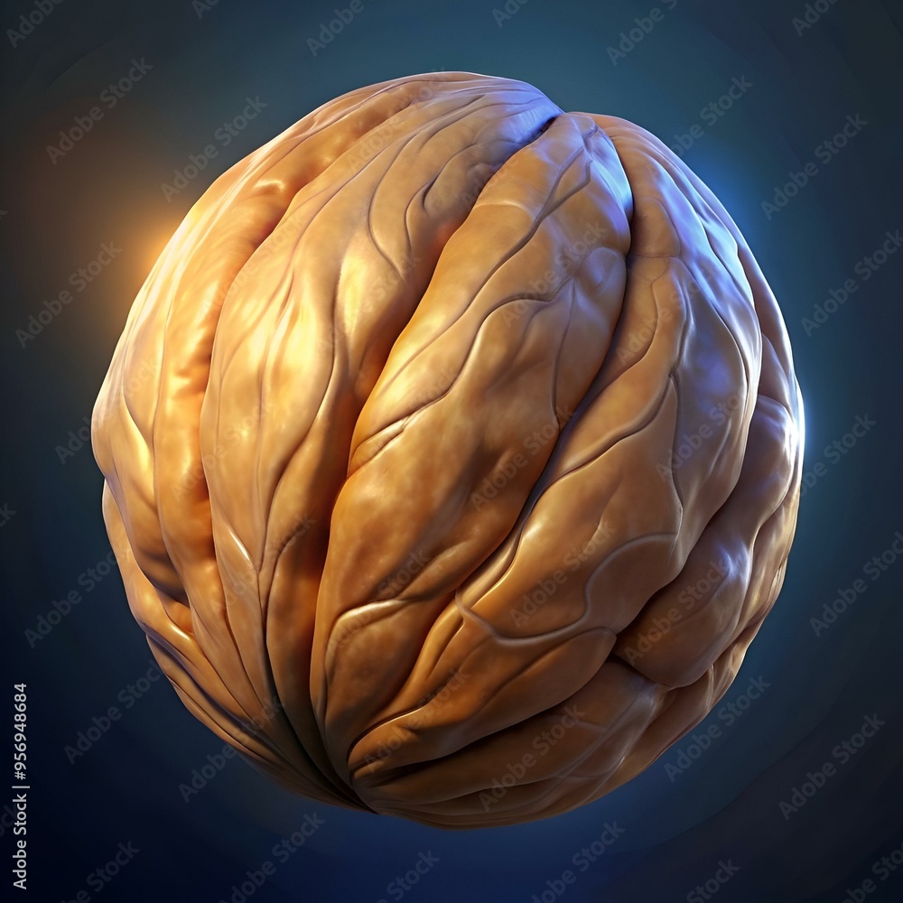 Poster a realistic 3d rendering of a whole walnut shell. showcasing its intricate texture and natural brown
