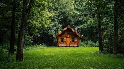 Secluded wooden cottage nestled amidst the trees in a peaceful forest, blending naturally with its tranquil surroundings.