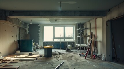Fototapeta premium A room under renovation, with various construction materials scattered around and a window letting in natural light.