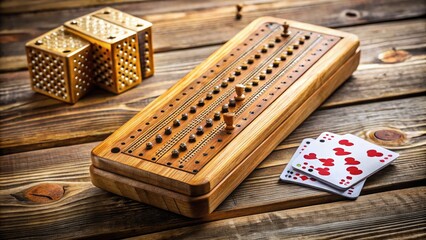Golden-hued wooden cribbage board on a rustic wooden table, surrounded by scattered playing cards, a deck, and a scored game in progress.