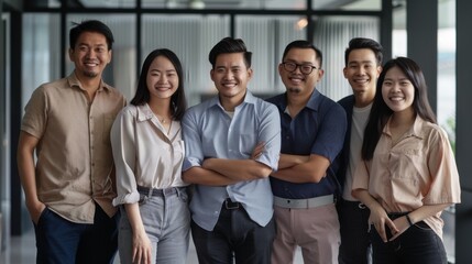 Group of diverse young professionals standing together, all smiling, in a modern office setting.