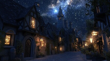 Fototapeta premium A medieval village with cobblestone streets, lit by lanterns under a sky filled with twinkling stars.