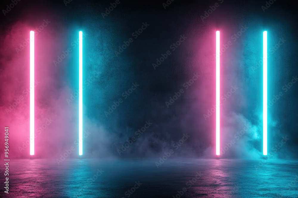 Poster neon vapor a striking scene of illuminated neon tubes in pink and cyan illuminating a misty space, c