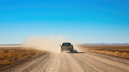 Obraz premium A pickup truck driving down a dirt road with dust clouds trailing behind, under a clear blue sky.