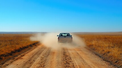 A pickup truck driving down a dirt road with dust clouds trailing behind, under a clear blue sky.
