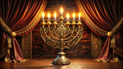 Golden menorah adorned with intricate filigree patterns and glowing candles stands proudly on a ornate wooden table, surrounded by traditional Hebrew scrolls and velvet drapes.