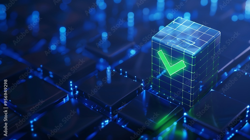 Poster digital checkmark icon on a futuristic glowing keyboard, representing cybersecurity, authentication,