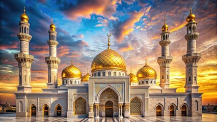 Obraz premium Golden Mosque Minarets Calligraphy Islamic Geometry Ornate Details Majestic Mood Opulent Style Grandeur Texture Marble Colorway Majestic Concept