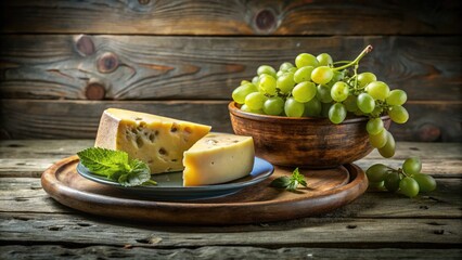 A beautifully arranged still life composition featuring a rustic ceramic flat plate adorned with a delicate slice of artisanal cheese and fresh green grapes.