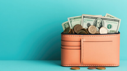 Contents of a wallet filled with bills and coins against a vibrant turquoise background, symbolizing financial wellness and organization.