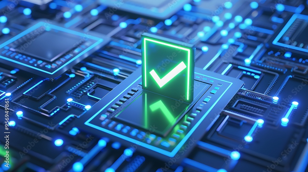 Poster digital circuit board with a glowing green checkmark, representing cybersecurity and data verificati