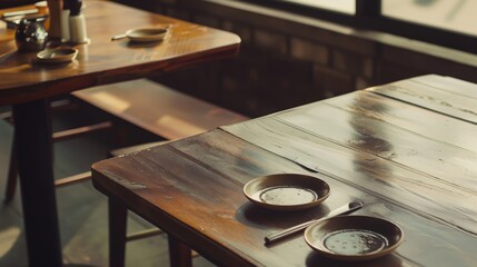 Obraz premium Sunlight illuminates an empty wooden table set with minimalist dishware, evoking a peaceful, ready-to-dine atmosphere.