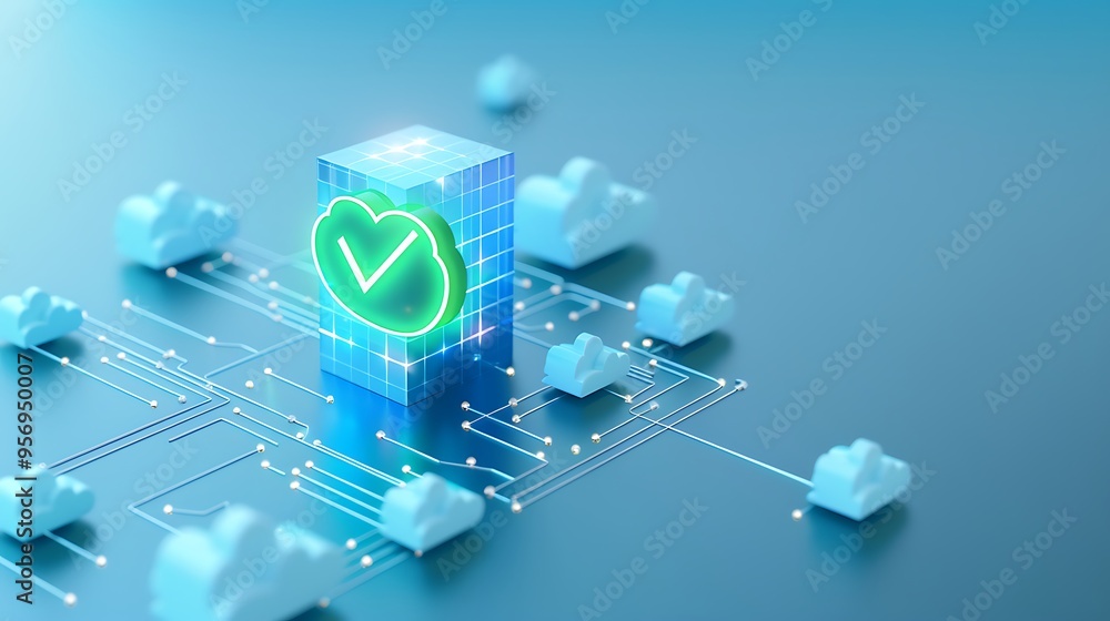 Poster digital cloud networking and data storage concept with a checkmark symbol. blue futuristic technolog