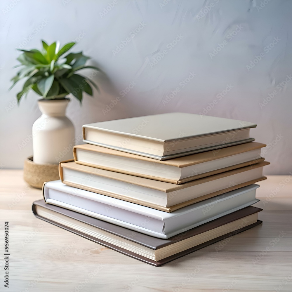 Poster a stack of five books in muted tones sits on a wooden table. creating a minimalist and calming scene