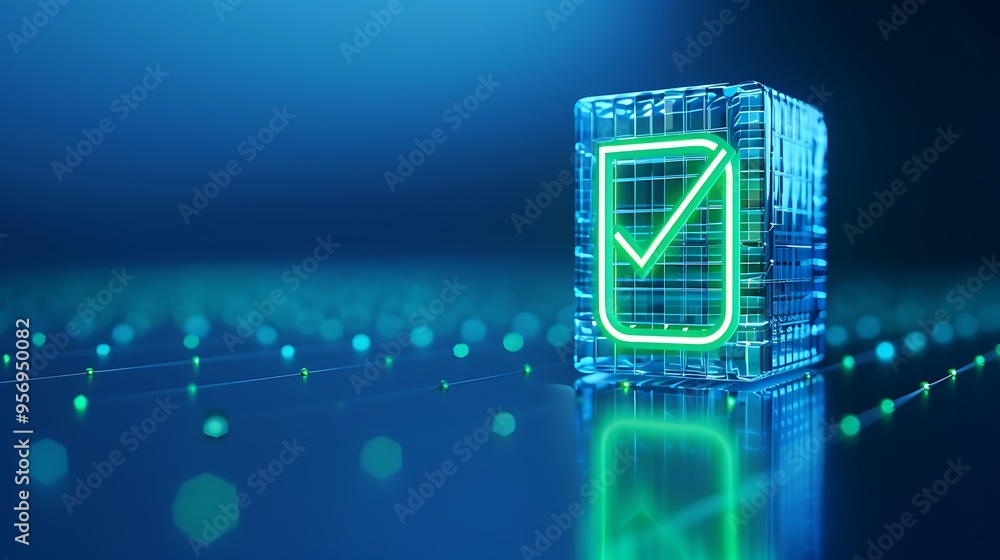 Poster digital concept image of a glowing green checkmark within a transparent cube. futuristic technology 