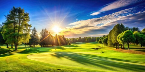 Golf course fairway scenery blue sky mood bright sunny day atmospheric landscape summer colors bright golf technical grass green