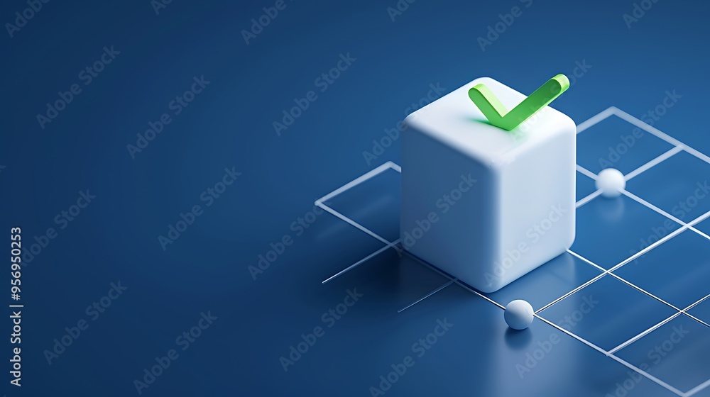 Poster digital concept with a white cube featuring a green checkmark on a grid background symbolizing compl
