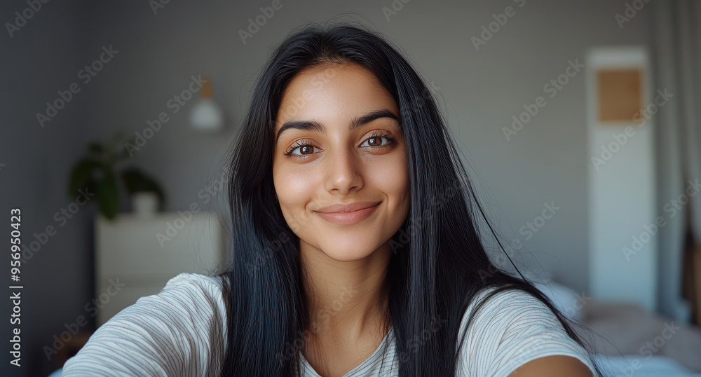 Poster an Indian woman with long black hair taking a selfie in her bedroom, wearing a striped white and grey t-shirt