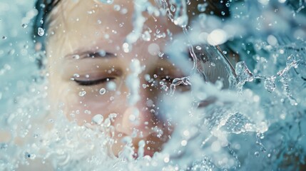 Fototapeta premium A person submerged in water with eyes closed, enveloped by ripples and bubbles, embodying a serene and refreshing sensation.