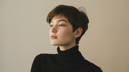A portrait of a serene-looking individual with a modern pixie cut, exuding calmness and simplicity against a neutral background.