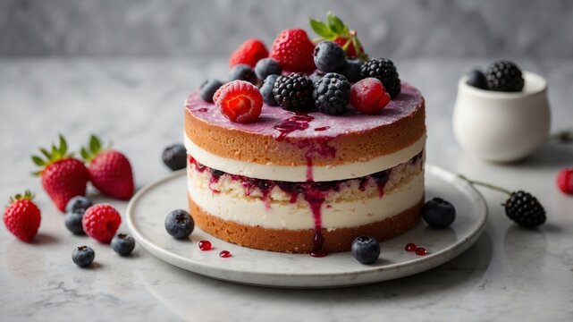 Delicious Berry Topped Cake on Marble Surface.