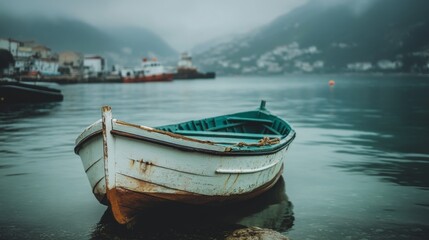 A small white boat with green trim sits in the calm water of a harbor, with a misty background of hills and buildings.