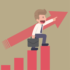 Business development and success concept. Young positive businessman standing pointing up with arrows feeling confident with growth and development vector illustration