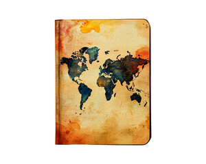 A beautiful watercolor map of the world on a vintage notebook cover, isolated on transparent background.