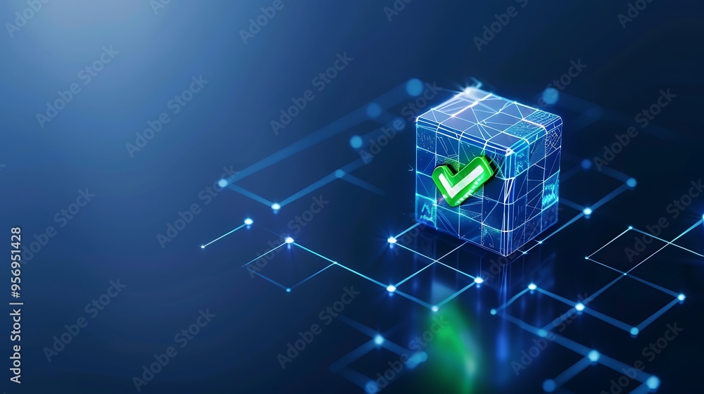 Poster digital illustration of a futuristic, glowing cube with a checkmark in it, symbolizing cybersecurity
