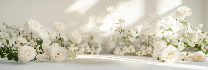 White roses on white table scene composition, romantic white roses background, product scene photography, roses arrangement 
