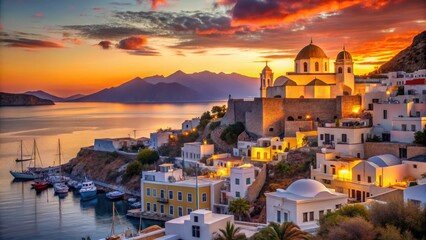 Greek architecture golden hour cityscape serene moody evenings Aegean Coastline