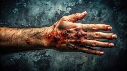 A close-up of a severely injured hand with deep gashes and bruises, covered in dried blood and dirt, against a dark and gritty textured background.