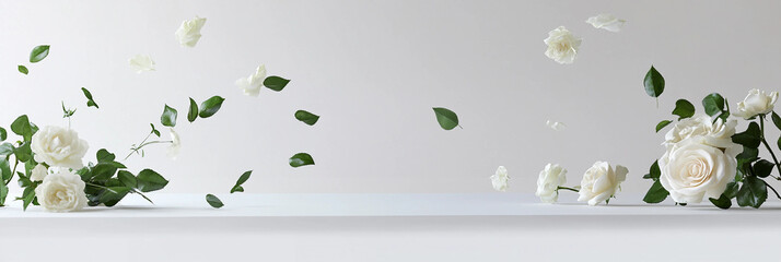 White roses on white table scene composition, romantic white roses background, product scene photography, roses arrangement 