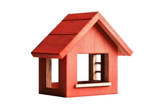 A charming red wooden house model, isolated on transparent background.