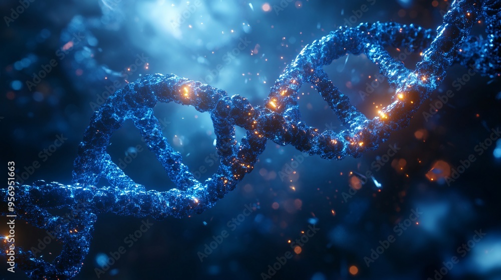 Aufkleber a 3d rendering of a glowing blue dna helix with particles in the background.