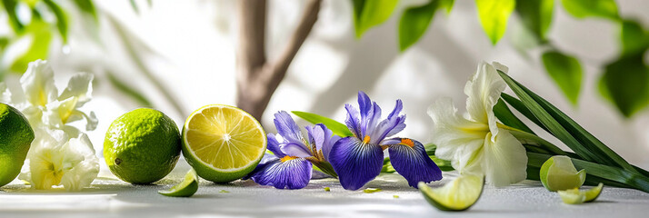  Iris Flowers and Limes on white table background, Floral arrangement and Citrus accents  Product photography scene, fresh and warm light background