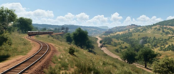 Naklejka premium Train Through Rolling Hills
