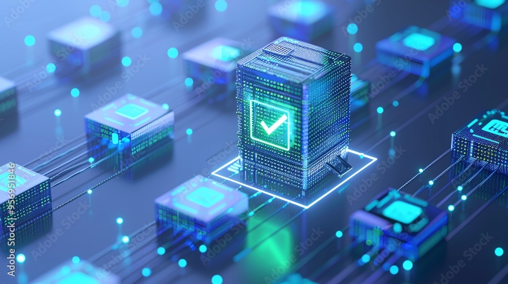 Poster digital illustration of blockchain technology with glowing blocks and a checkmark symbolizing data v