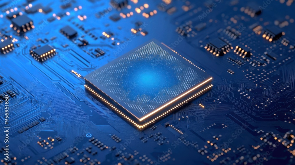 Poster close-up view of a microchip on a blue circuit board, showcasing intricate details and advanced tech