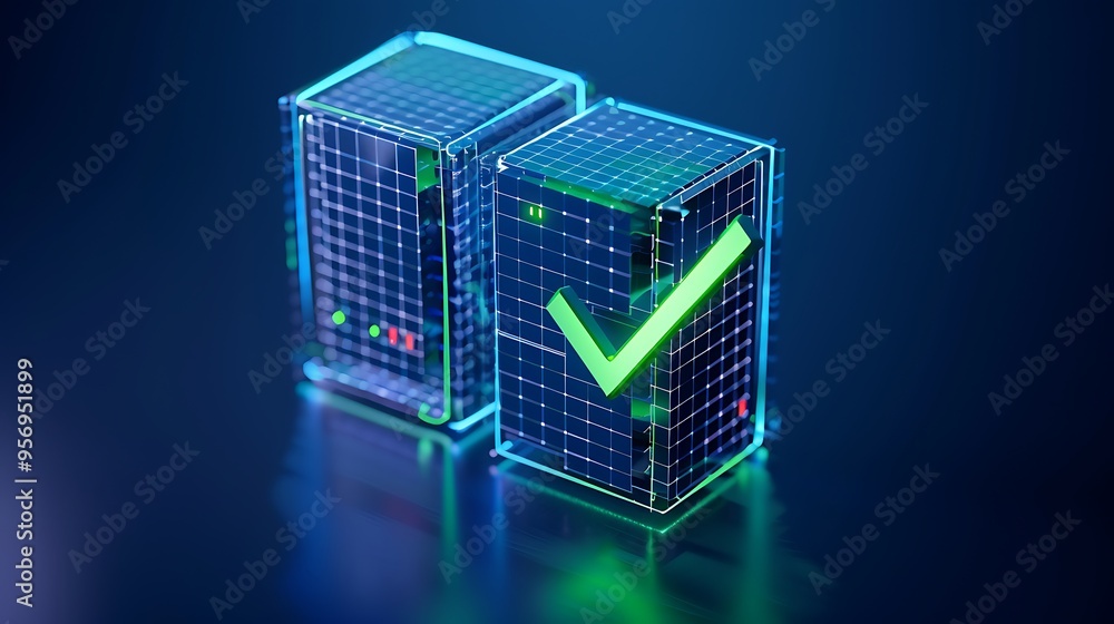 Poster digital illustration of two servers with a green checkmark, representing data integrity and it infra